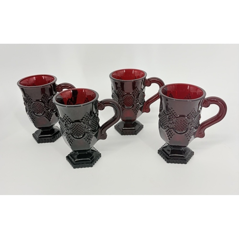 Vintage Avon 1876 Cape Cod Collection Ruby Red Pedestal Mugs Set of 4